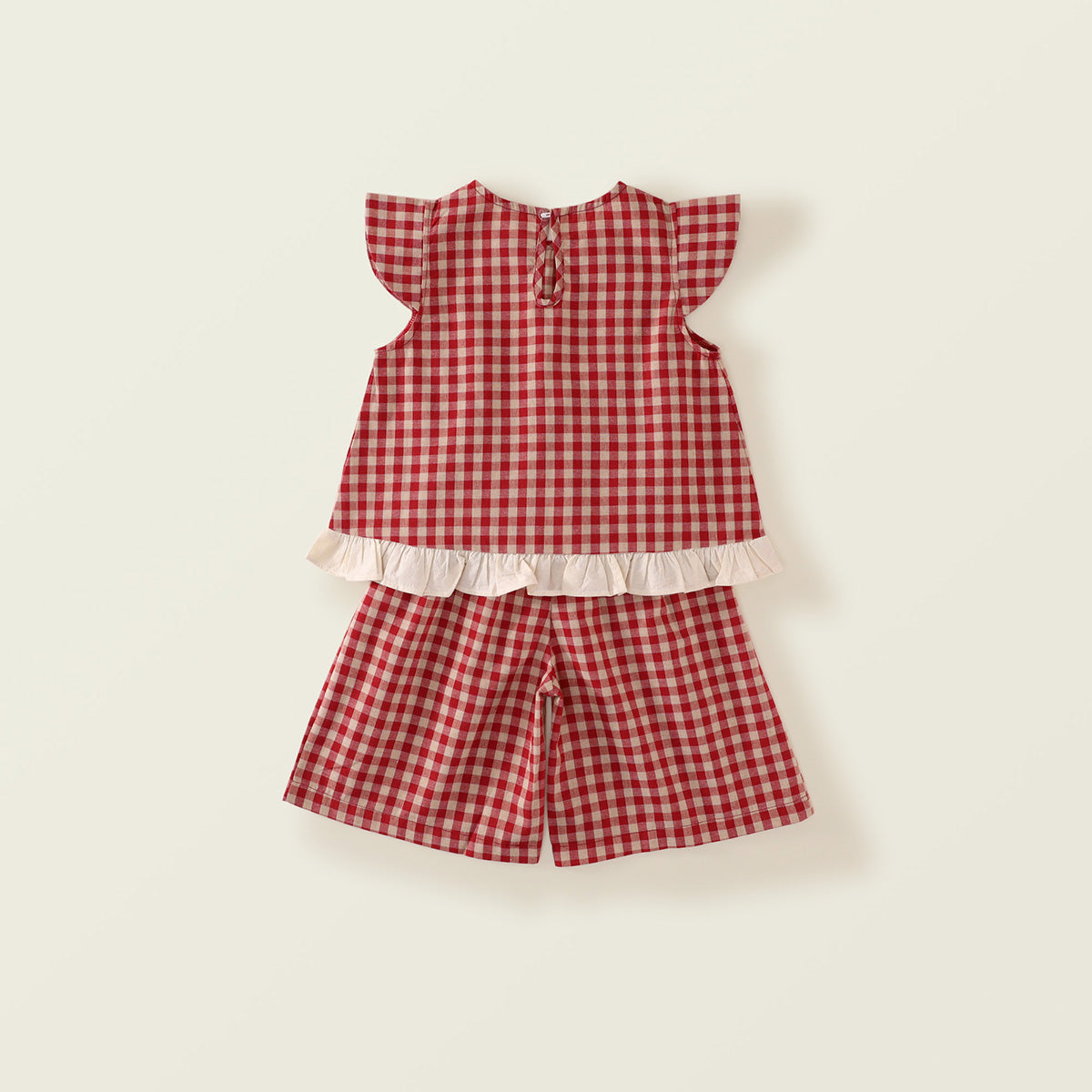 Girls' Red Checkered Set with Flutter Sleeves