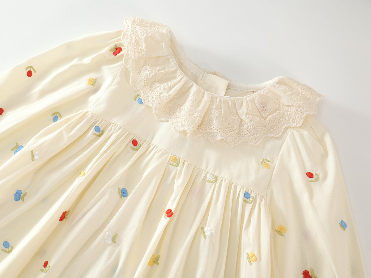 Girl's Embroidered Lapel Dress