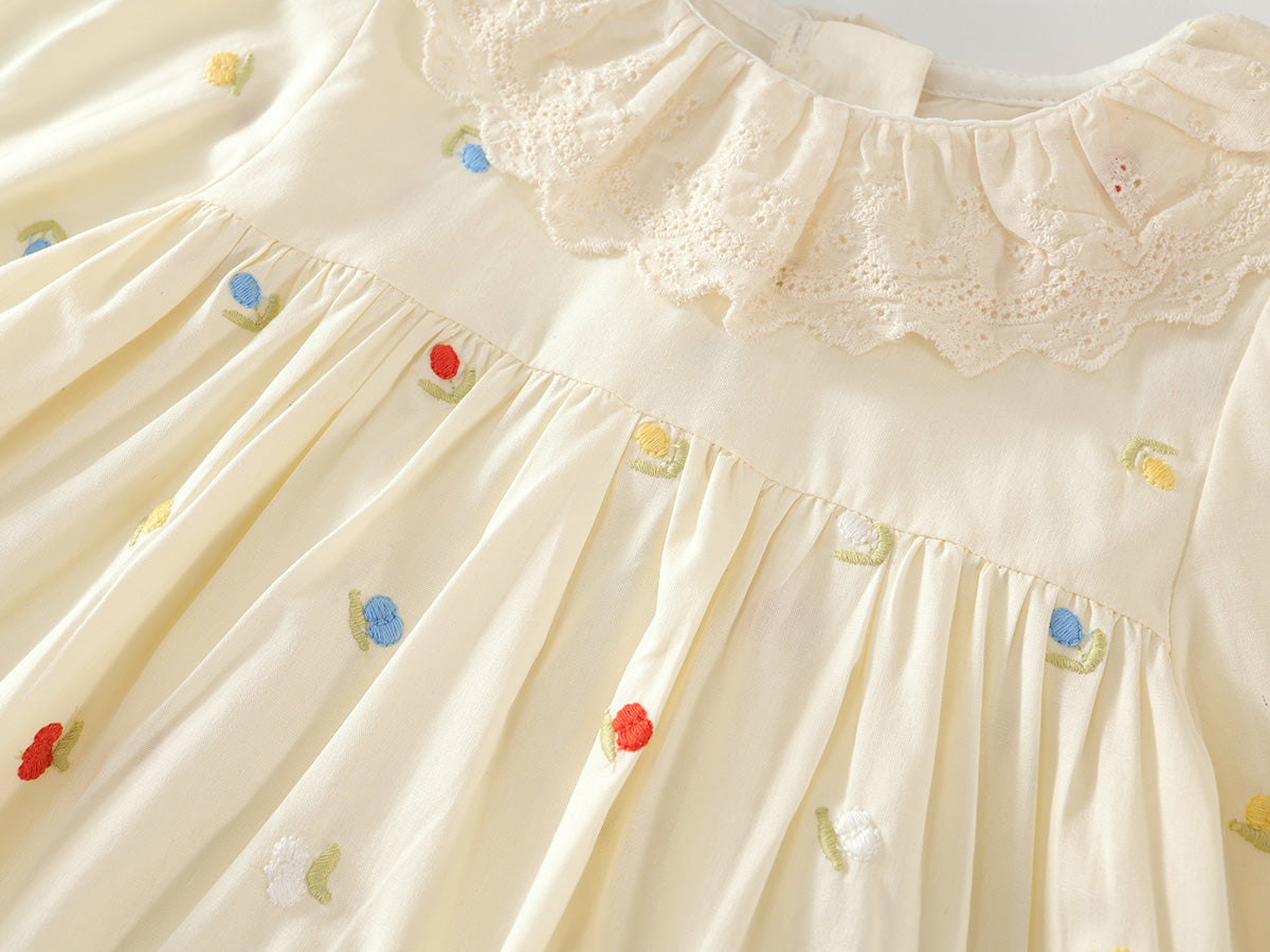 Girl's Embroidered Lapel Dress