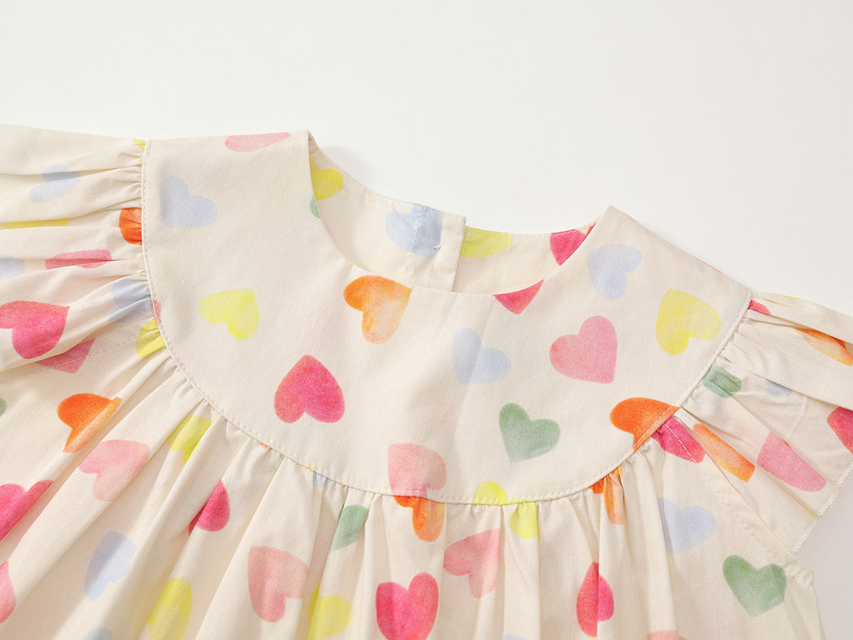 Girls' Flutter Sleeve Heart Print Dress
