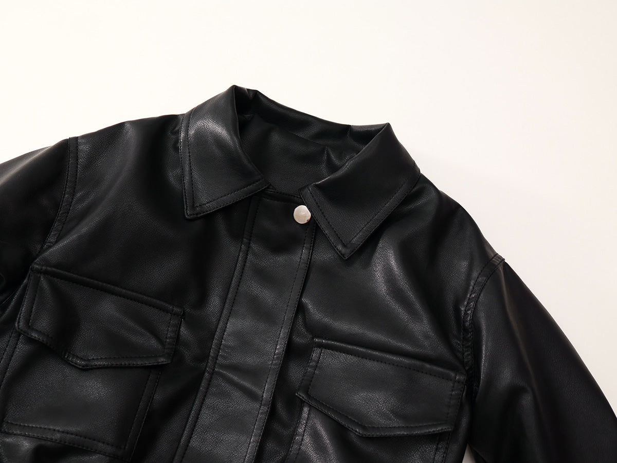 New Autumn Kids' Black Lapel Leather Jacket-K5135754