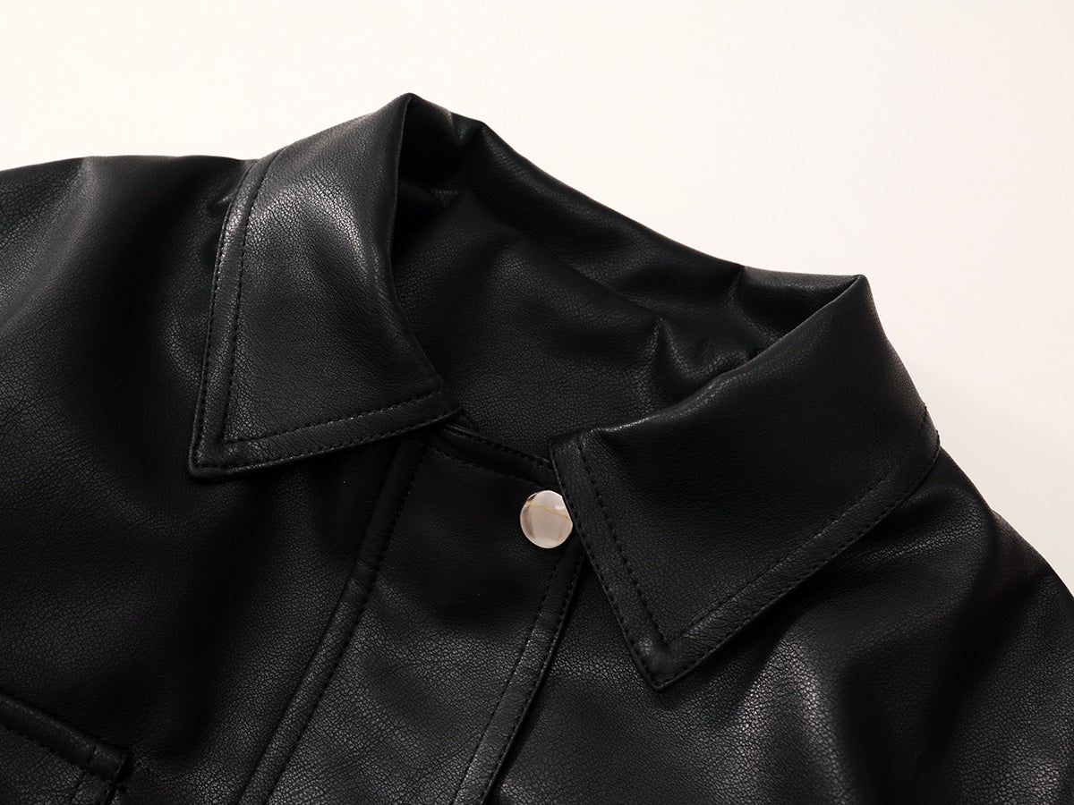 New Autumn Kids' Black Lapel Leather Jacket-K5135754