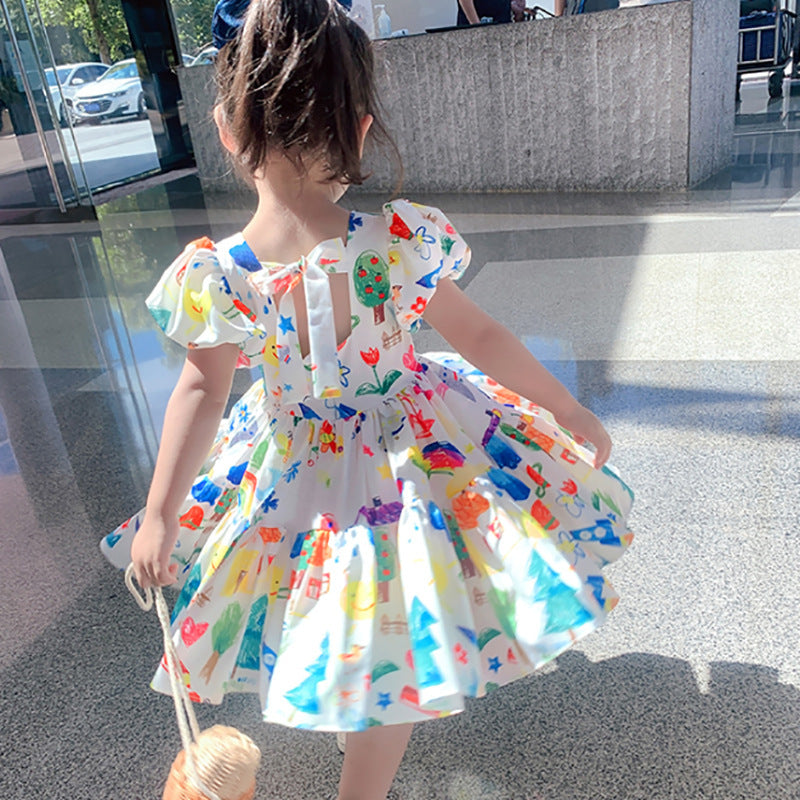 Girls' Summer Sweet Chiffon Dress with Bubble Sleeves