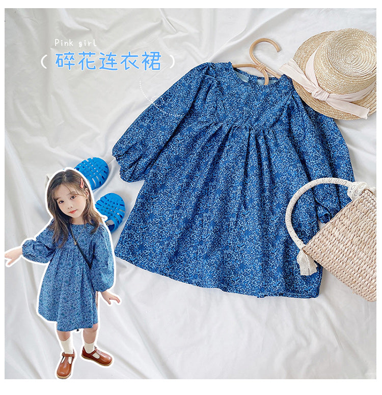 Girl's Autumn New Blue Floral Long Sleeve Dress