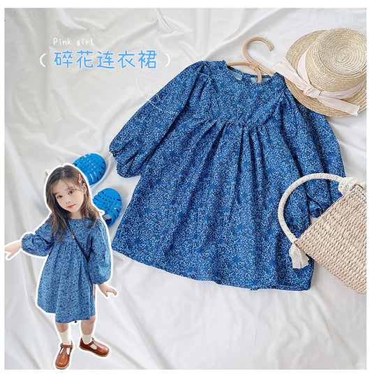 Girl's Autumn New Blue Floral Long Sleeve Dress