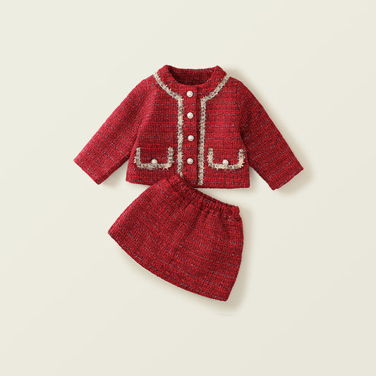 Girl's Thickened Quilted Chanel-Inspired Red Outfit