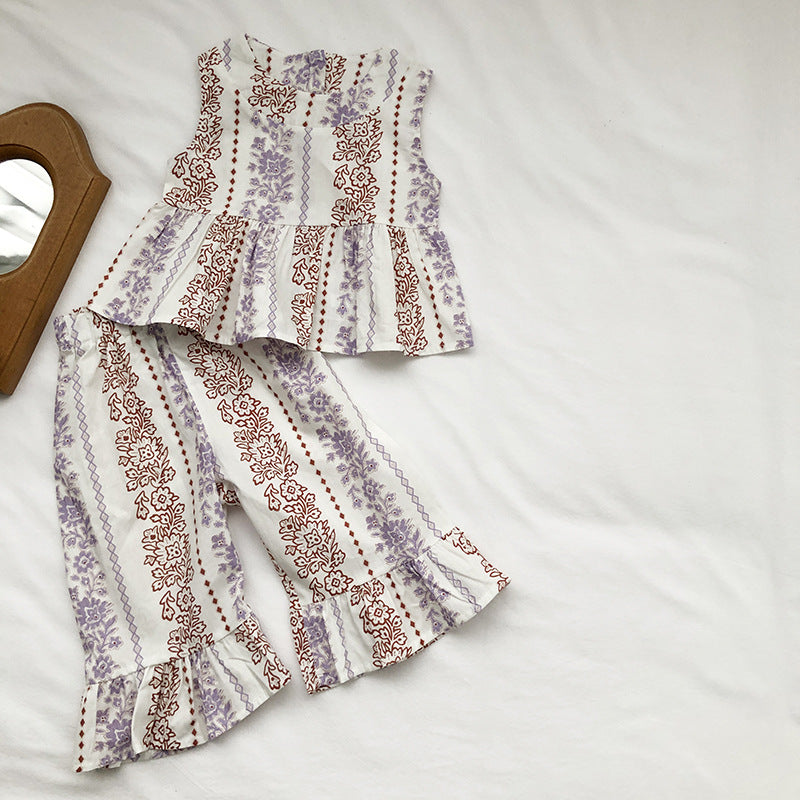 Girls Ethnic-Style Sleeveless Top & Lace Pants Set