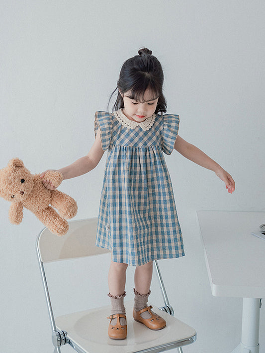 Girl's Lace & Cotton Grid Dress
