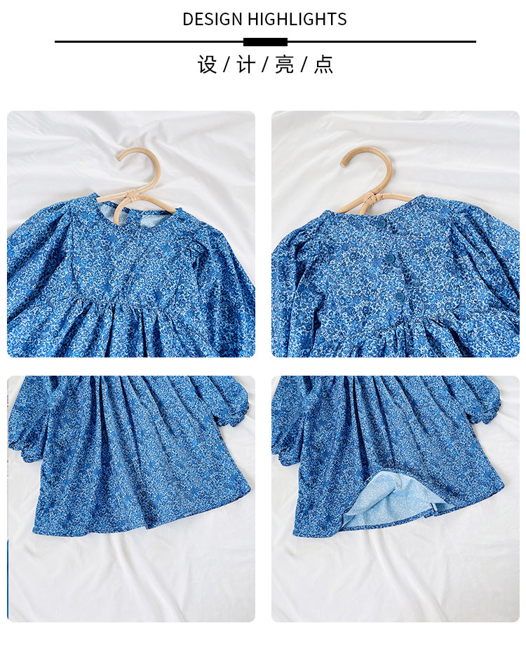 Girl's Autumn New Blue Floral Long Sleeve Dress
