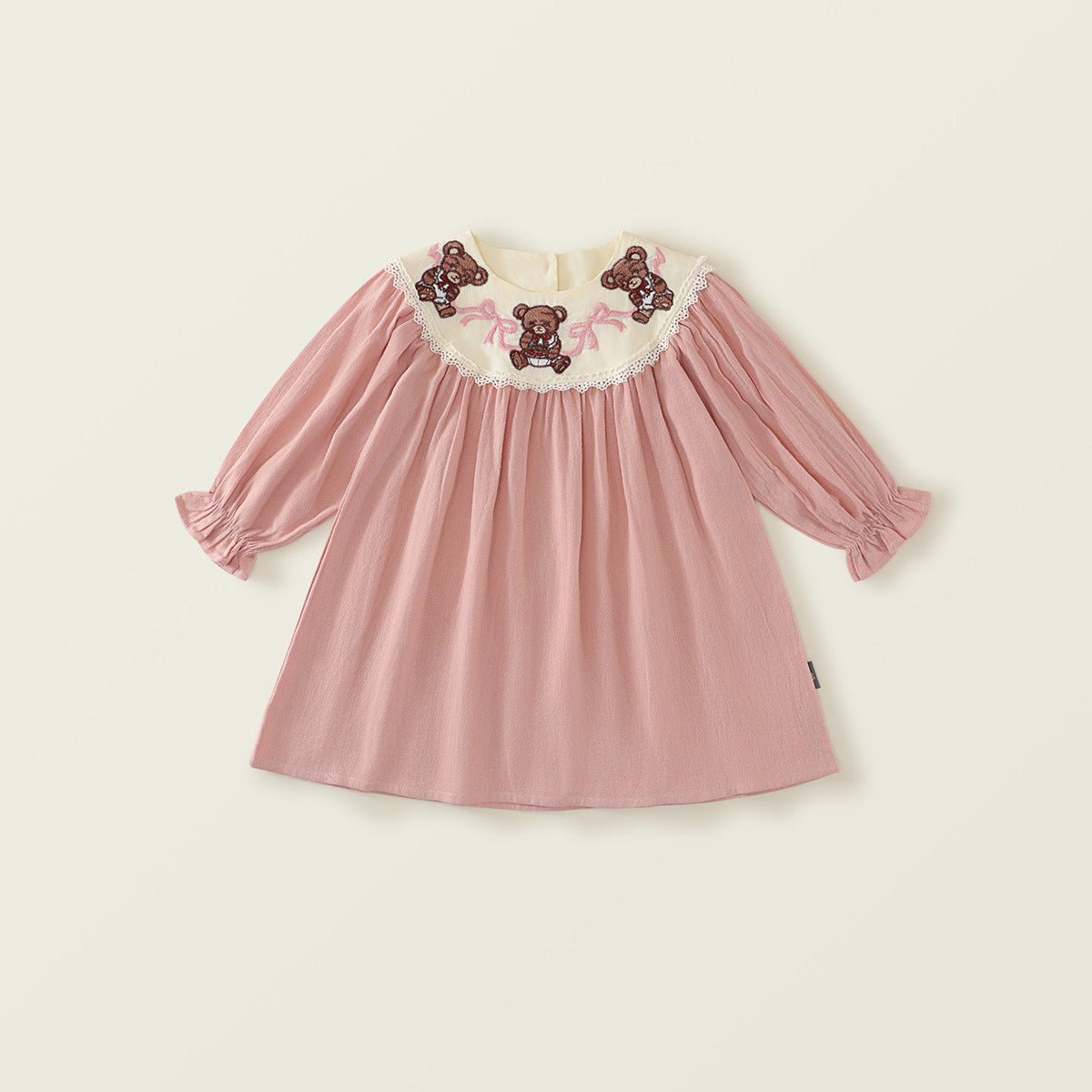 Girl's Embroidered Bear Long-Sleeve Pink Princess Dress