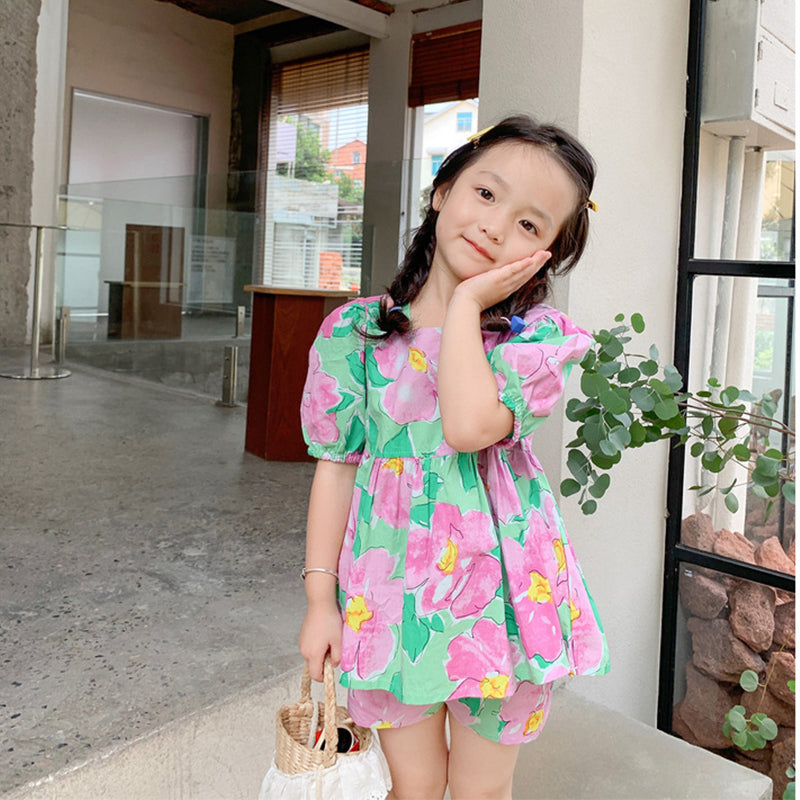 Girl's New Summer Floral Short-Sleeve & Shorts Set