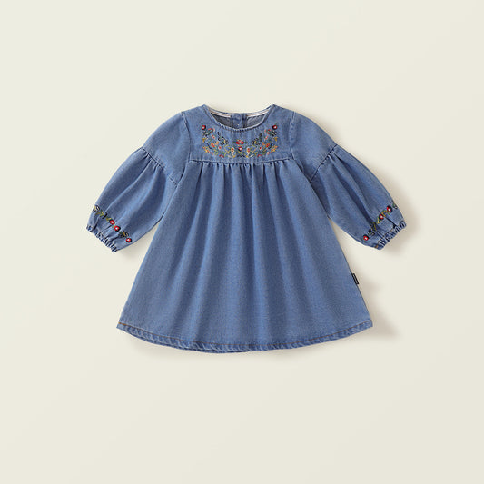 Girl's Ethnic Embroidered Denim Dress