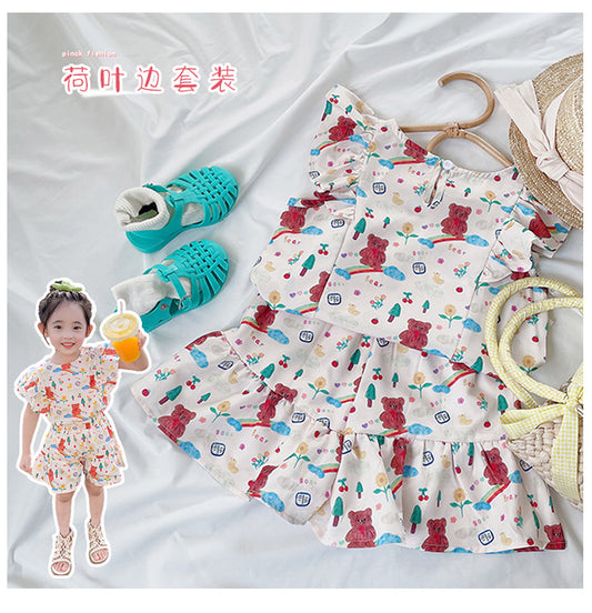 Girl's Summer Ruffle Short Sleeve & Bear Rainbow Print Shorts Set