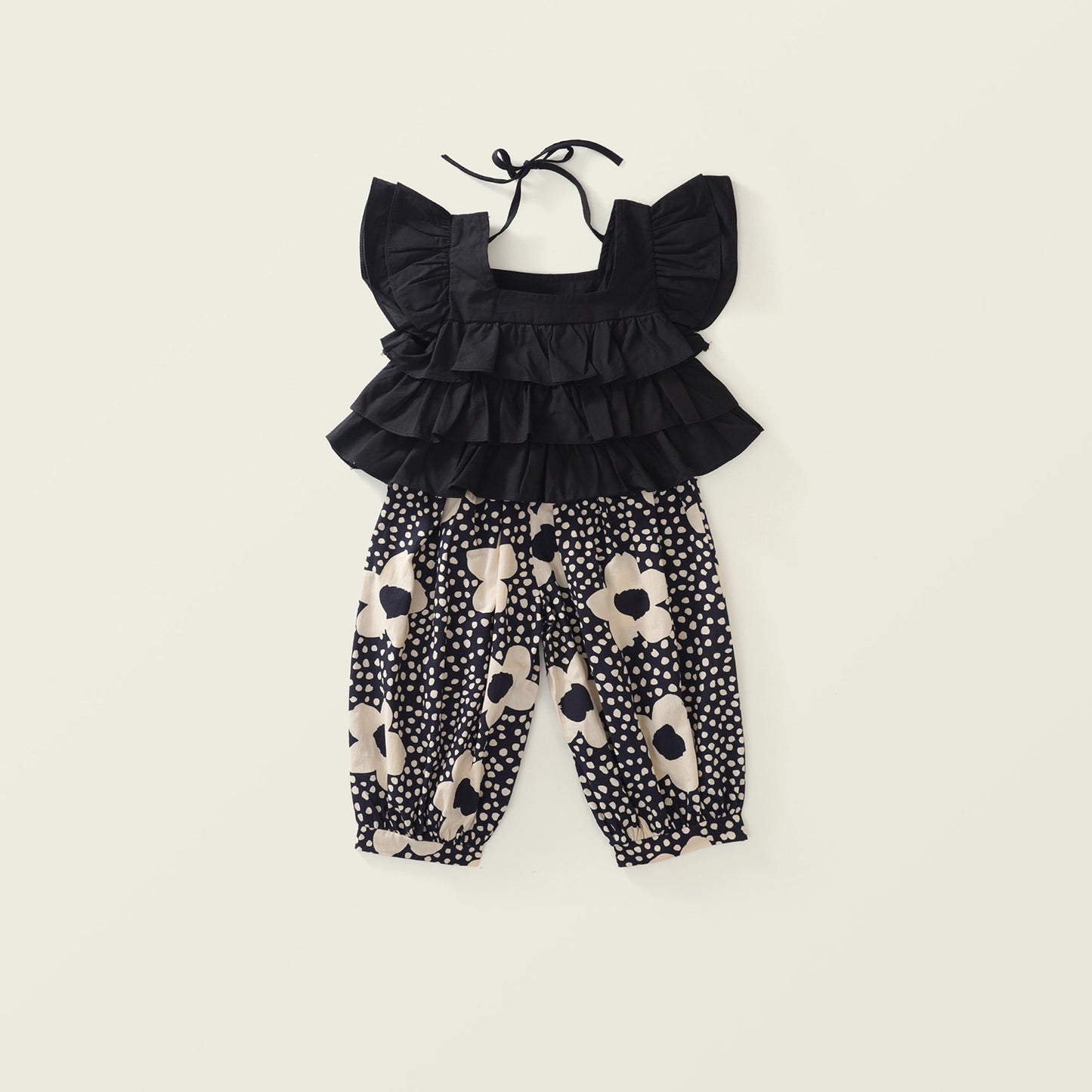 Girl's Two-Piece Set with Flutter Sleeves Top and Flower-Print Anti-Mosquito Pants