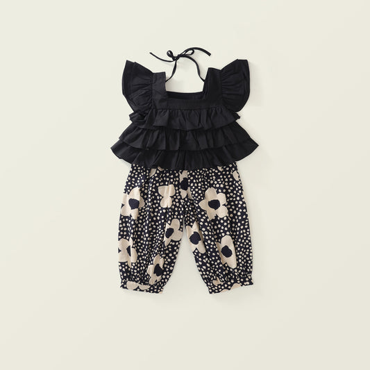 Girl's Two-Piece Set with Flutter Sleeves Top and Flower-Print Anti-Mosquito Pants