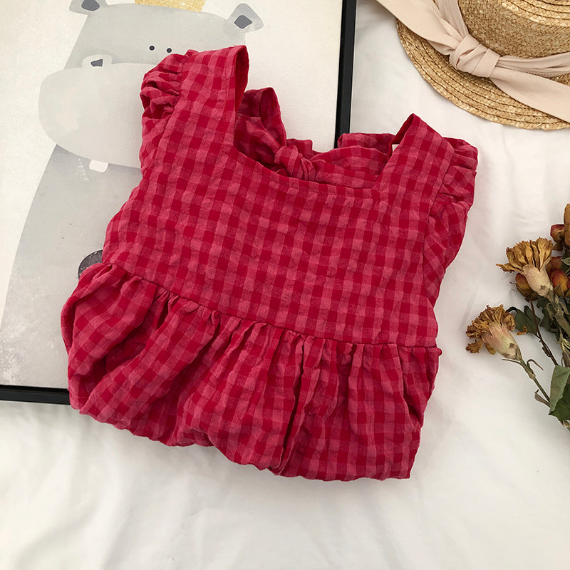 Girls Red Checkered Short-Sleeve Dress