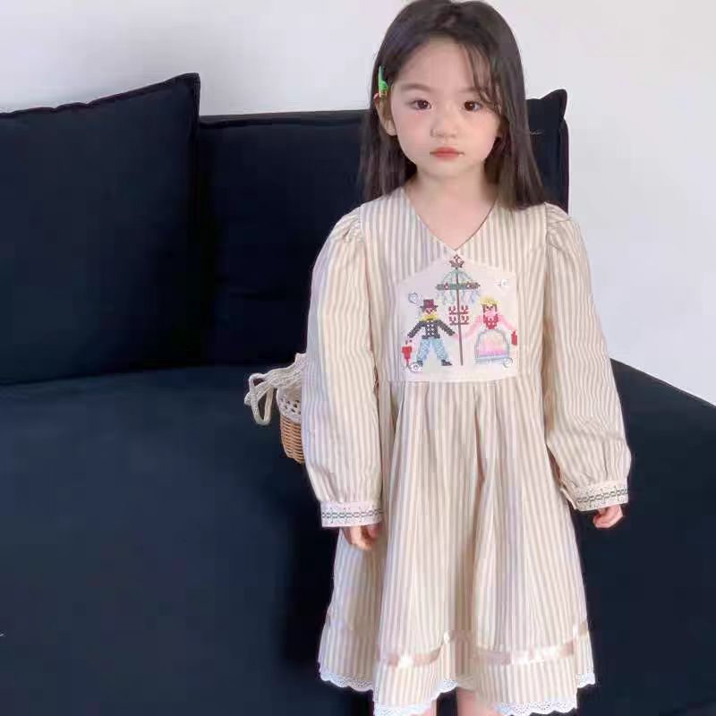 Girls' Spring Striped Embroidered Dress