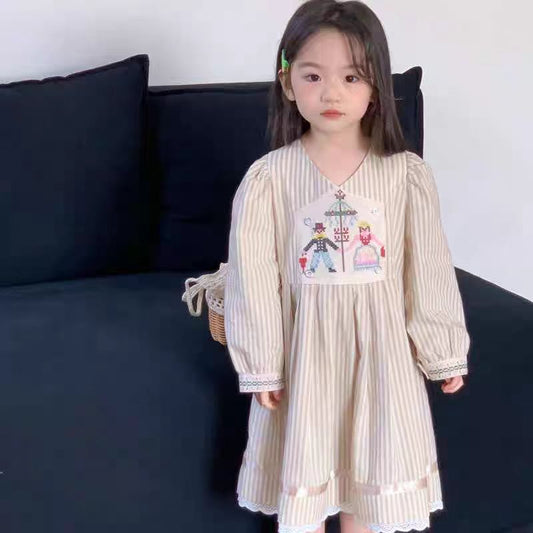Girls' Spring Striped Embroidered Dress