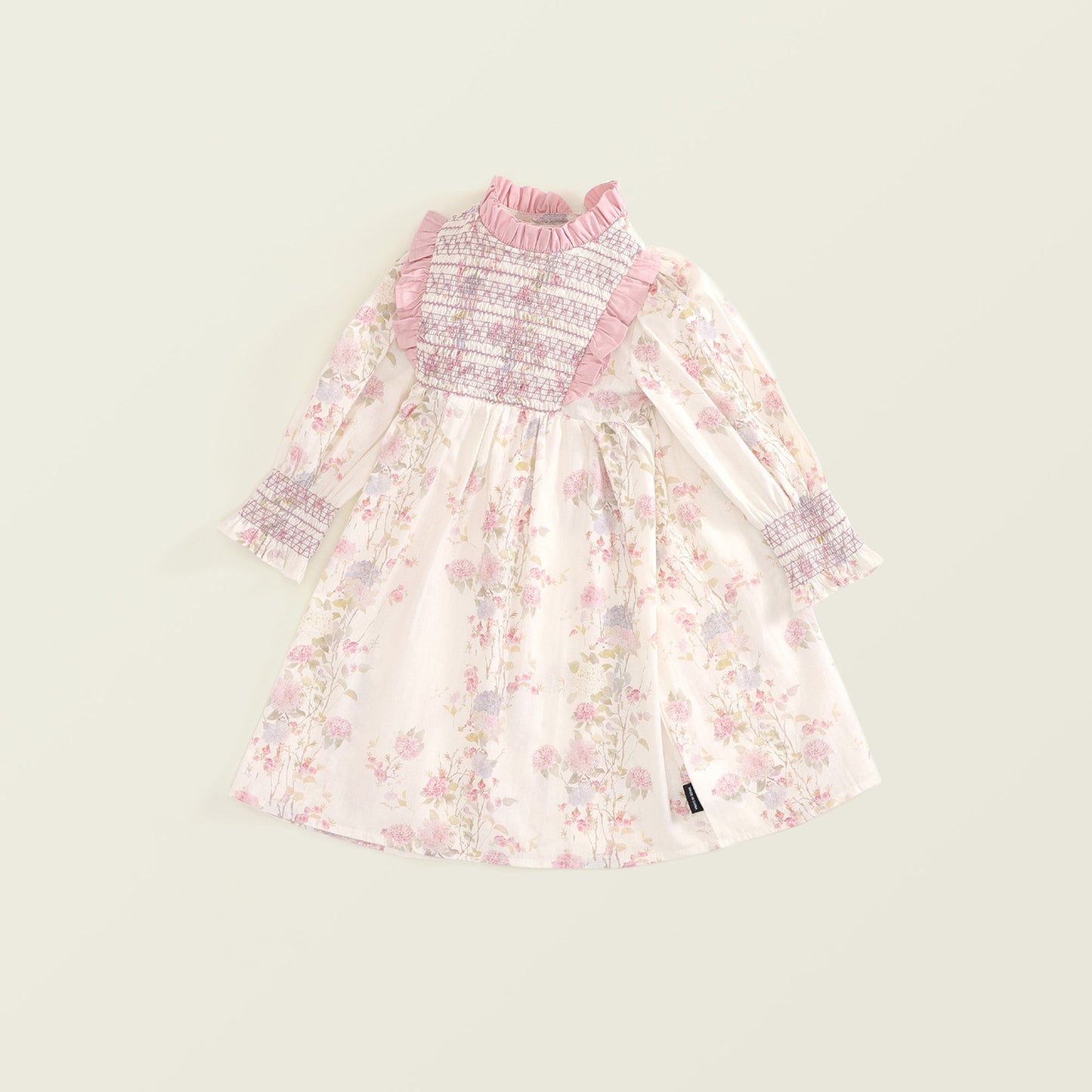 Girls Floral Pleated Long-Sleeve Dress