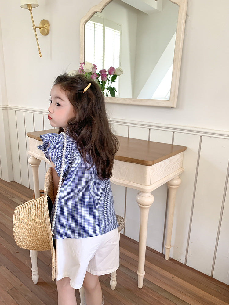 Girl's Korean-Style Cotton Checkered Blouse with Flutter Sleeves