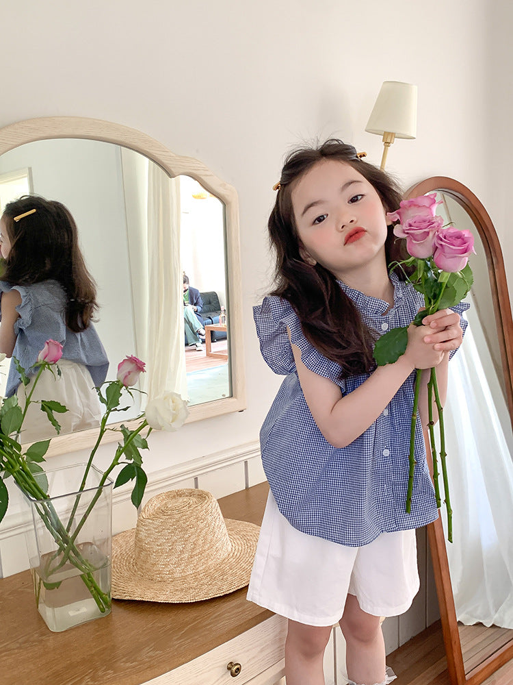 Girl's Korean-Style Cotton Checkered Blouse with Flutter Sleeves