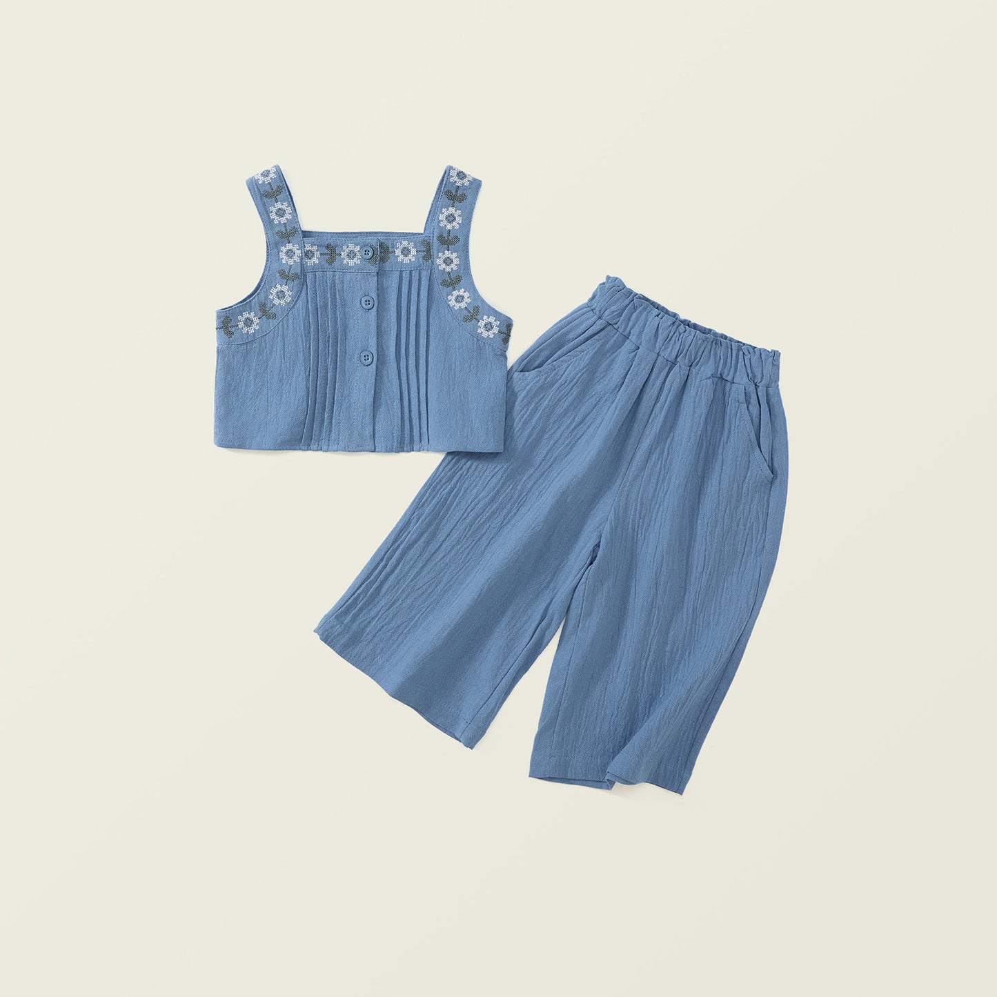 Girl's Embroidered Halter Top and Wide-Leg Pants Set