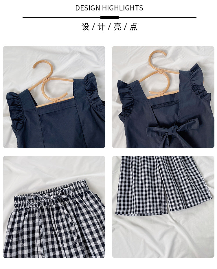 Girl's Summer Lotus Sleeve Black Top & Checkered Pants Set