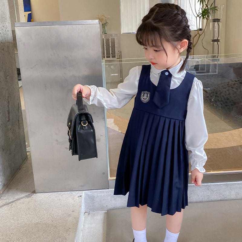 Girl's Autumn College Style Set - Long-Sleeve Shirt & Pleated Skirt