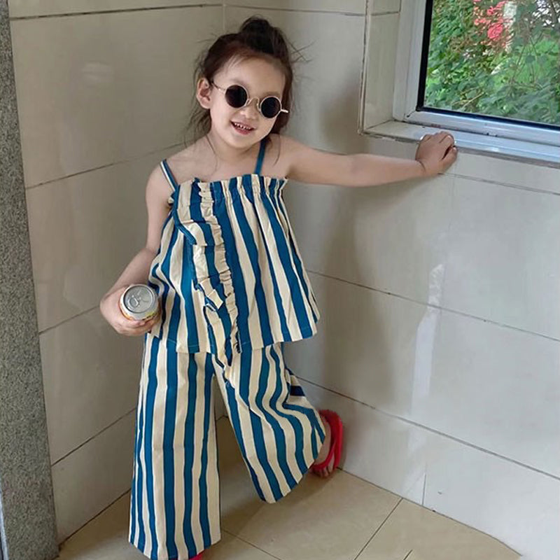 Girl's Summer New Blue Striped Suspender & Pants Set