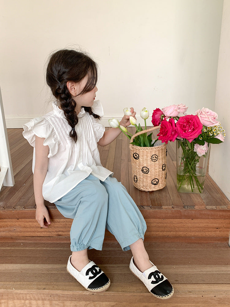 Girl's Korean-Style Cotton Checkered Blouse with Flutter Sleeves