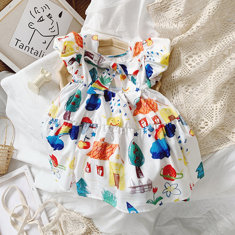 Girls' Summer Sweet Chiffon Dress with Bubble Sleeves