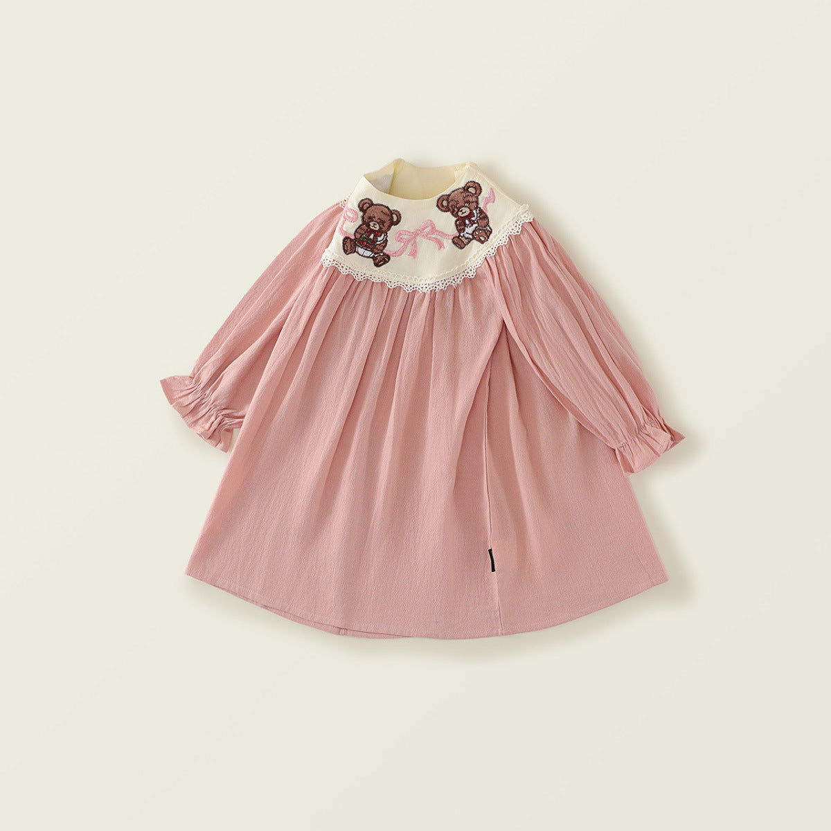 Girl's Embroidered Bear Long-Sleeve Pink Princess Dress