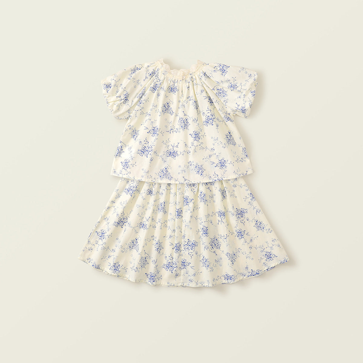 Girl's Lace Trim Set - Toddler's Korean-Style Short-Sleeve Top & Blue Flower Skirt Two-Piece