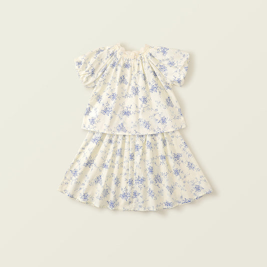 Girl's Lace Trim Set - Toddler's Korean-Style Short-Sleeve Top & Blue Flower Skirt Two-Piece