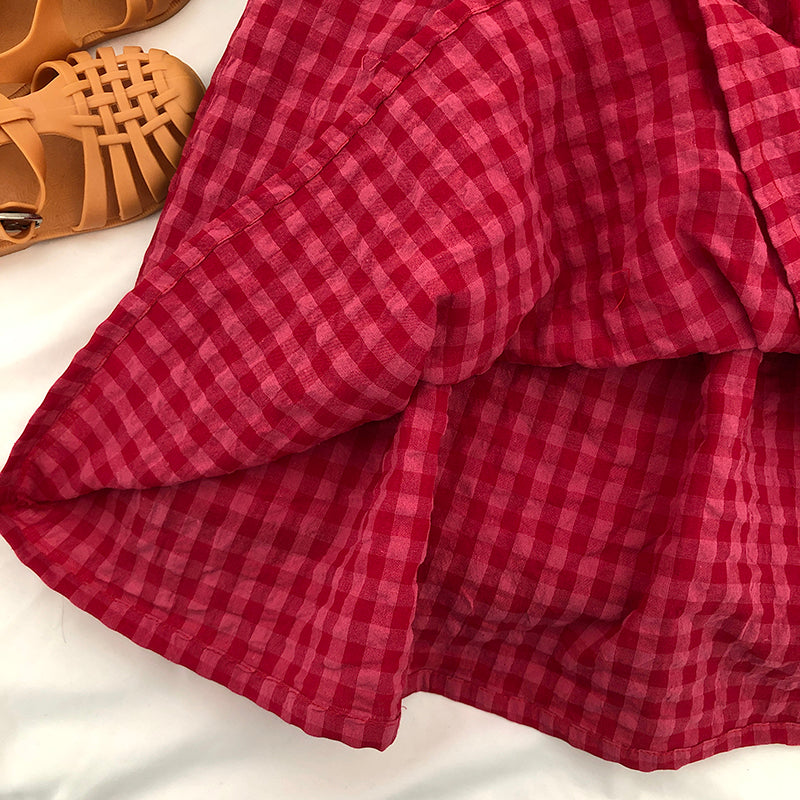 Girls Red Checkered Short-Sleeve Dress