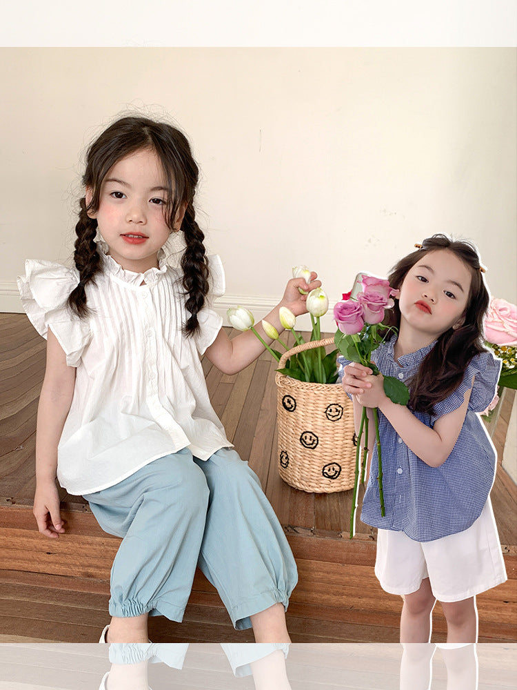 Girl's Korean-Style Cotton Checkered Blouse with Flutter Sleeves