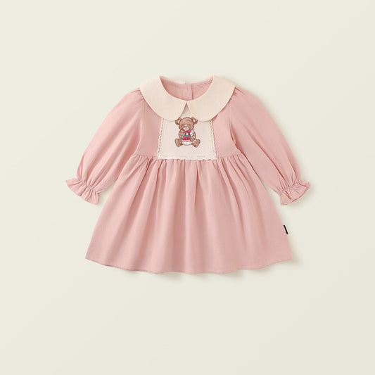 Girl's Embroidered Bear Dress with Peter Pan Collar