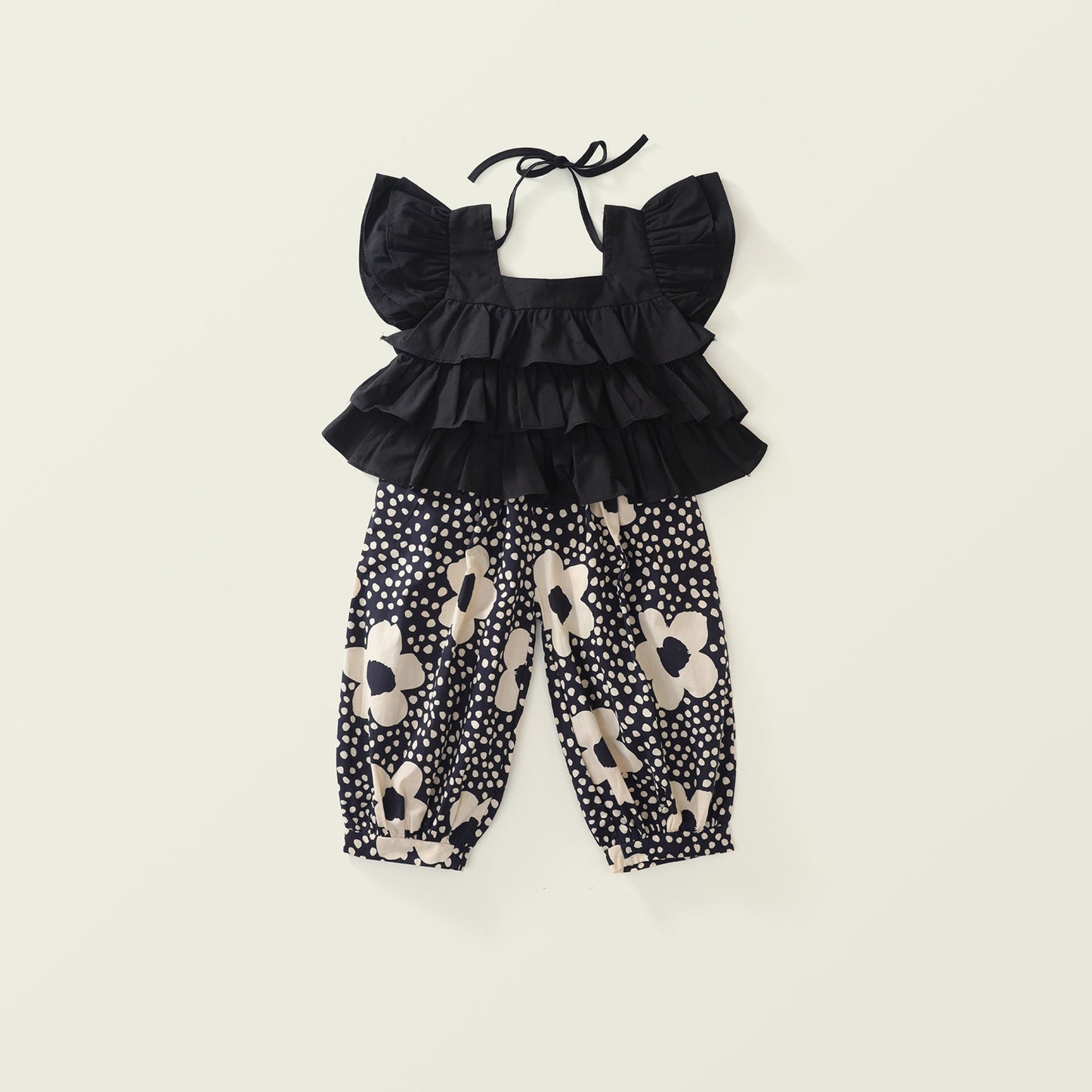 Girl's Two-Piece Set with Flutter Sleeves Top and Flower-Print Anti-Mosquito Pants