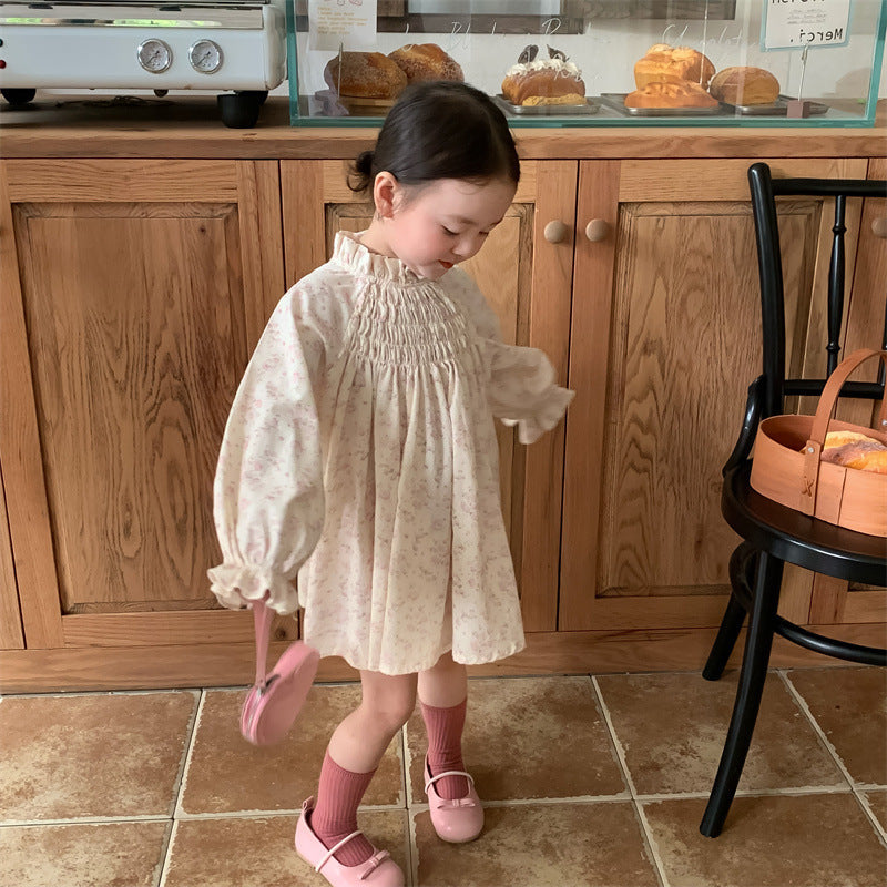 Girl's Ruffle Trim Country-Style Princess Dress with Gathered Sleeves