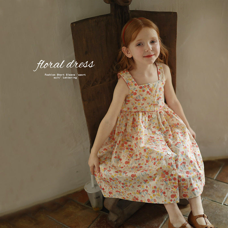 Girls Korean-Style Square Neck Print Vest Dress