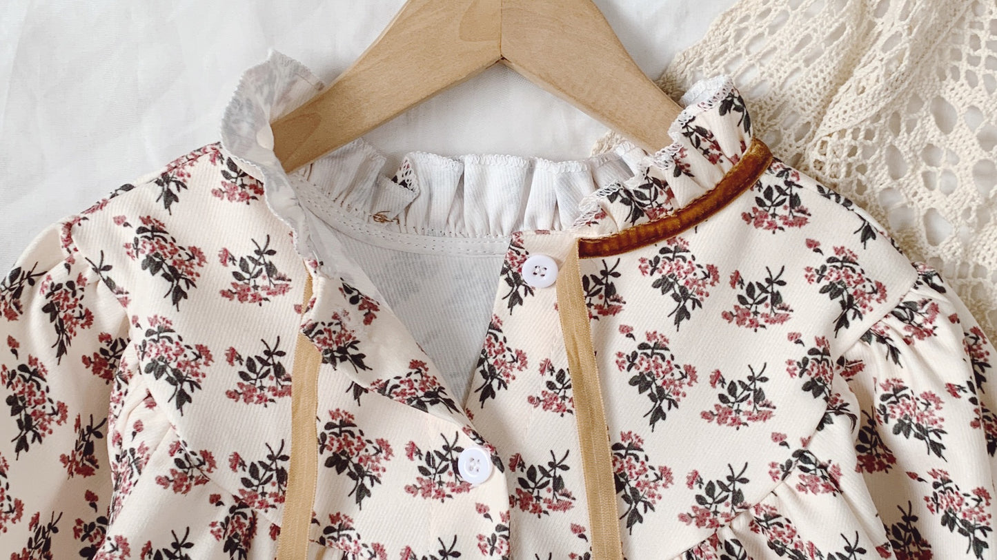 Girl's Floral Long-Sleeve Dress with Ruffle Trim