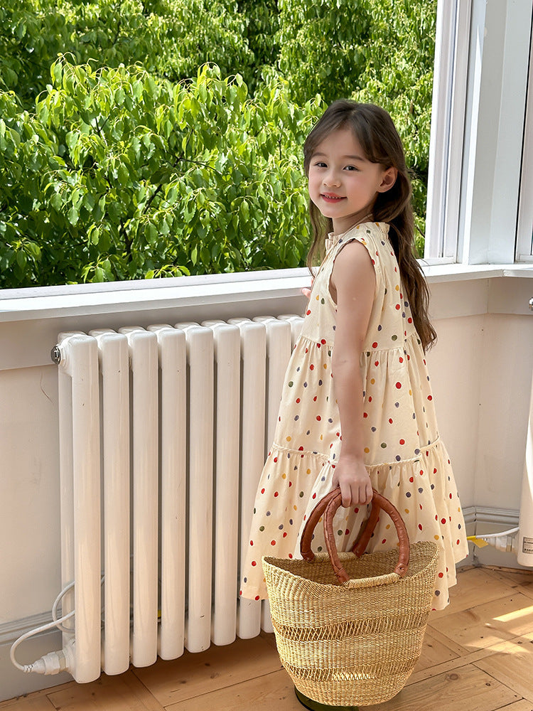 Girl's Colorful Polka Dot Sleeveless Vest Dress