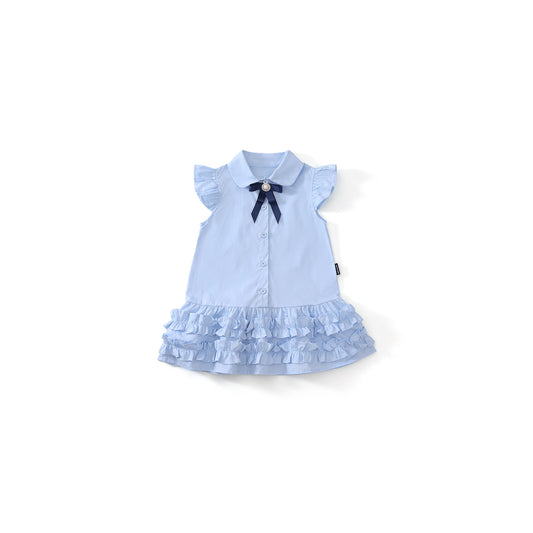 Girl's Blue School Style Flutter Sleeve Dress
