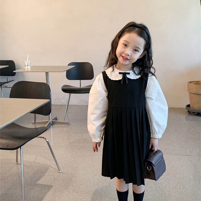 Girl's Lace Collar Shirt with Small Bow & Black Vest Skirt Set