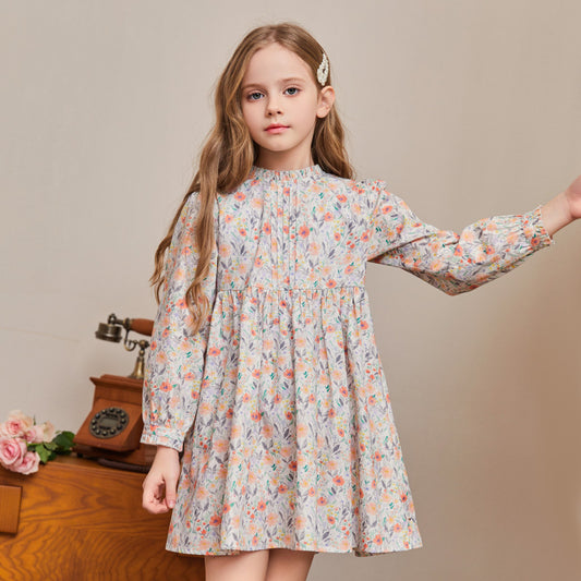 Girls Cotton Floral Princess Dress with Bubble Sleeves