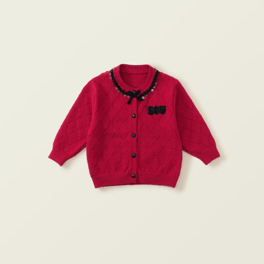 Girl's Red Winter Knitted Cardigan - Warm Long-Sleeve Coat