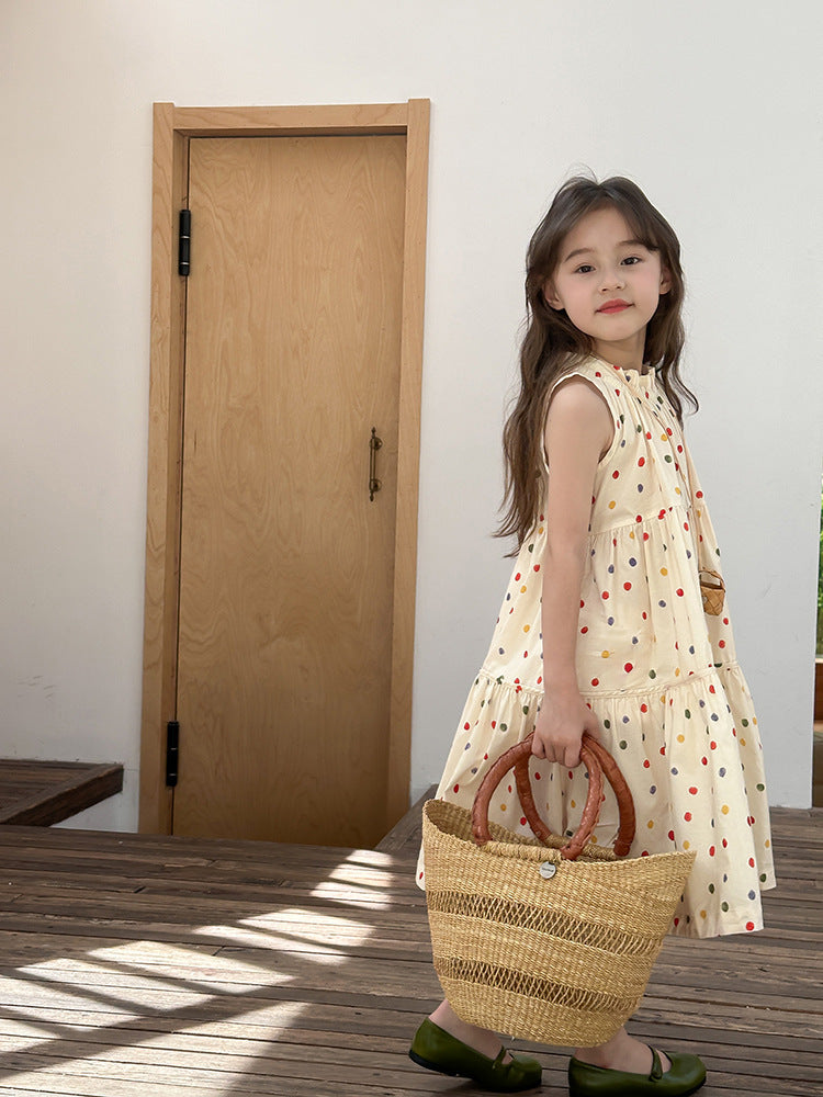 Girl's Colorful Polka Dot Sleeveless Vest Dress