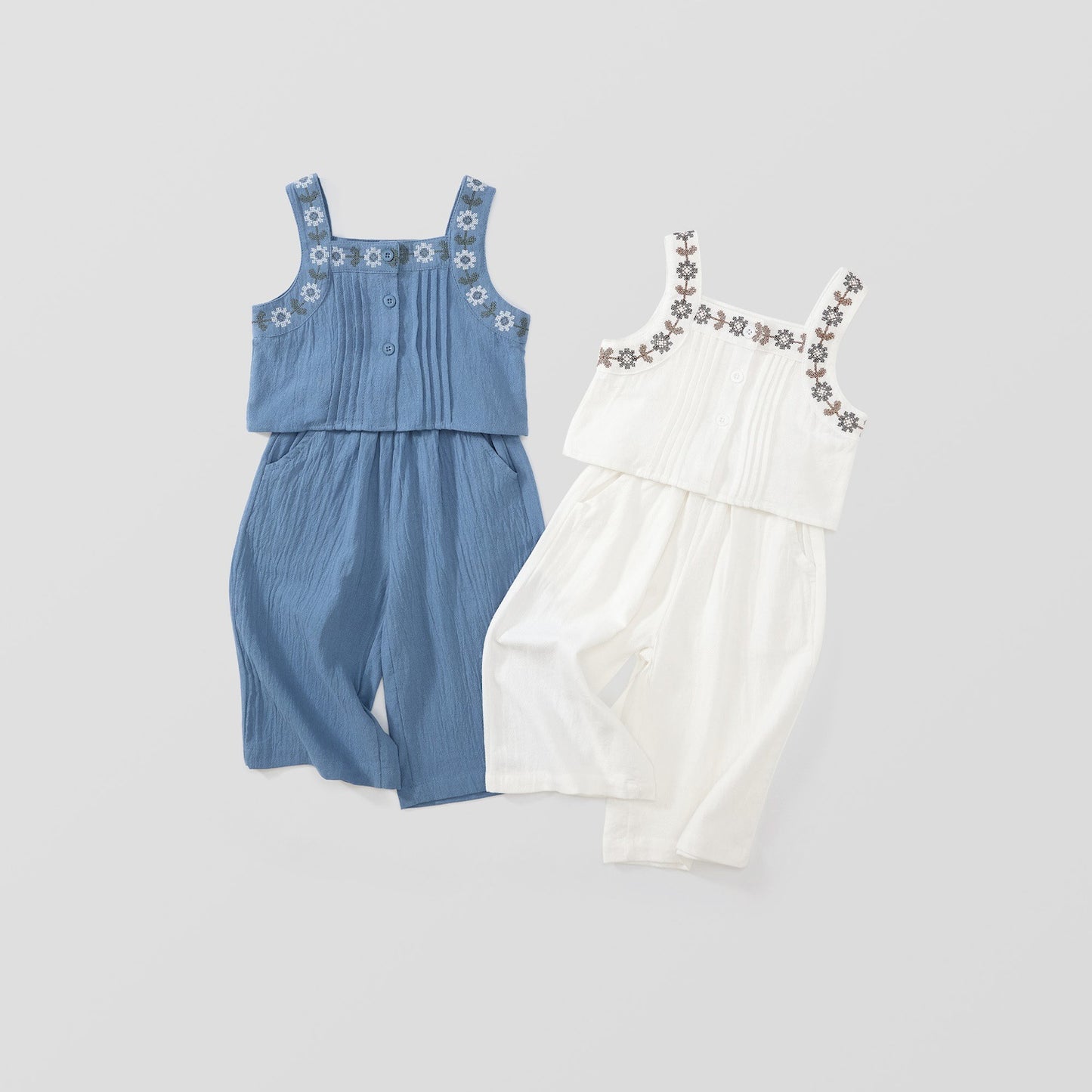 Girl's Embroidered Halter Top and Wide-Leg Pants Set