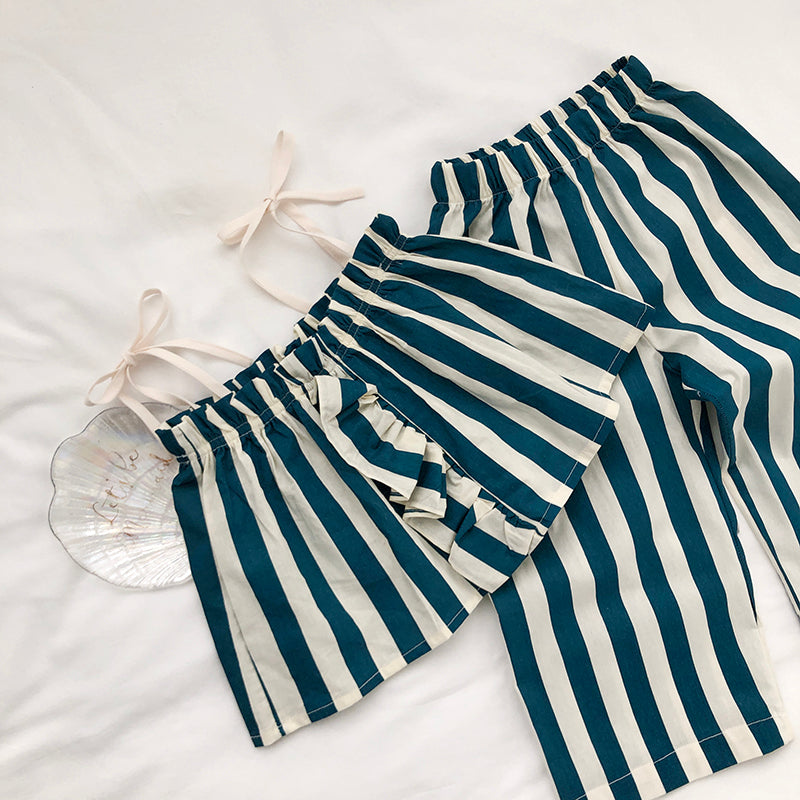 Girl's Summer New Blue Striped Suspender & Pants Set