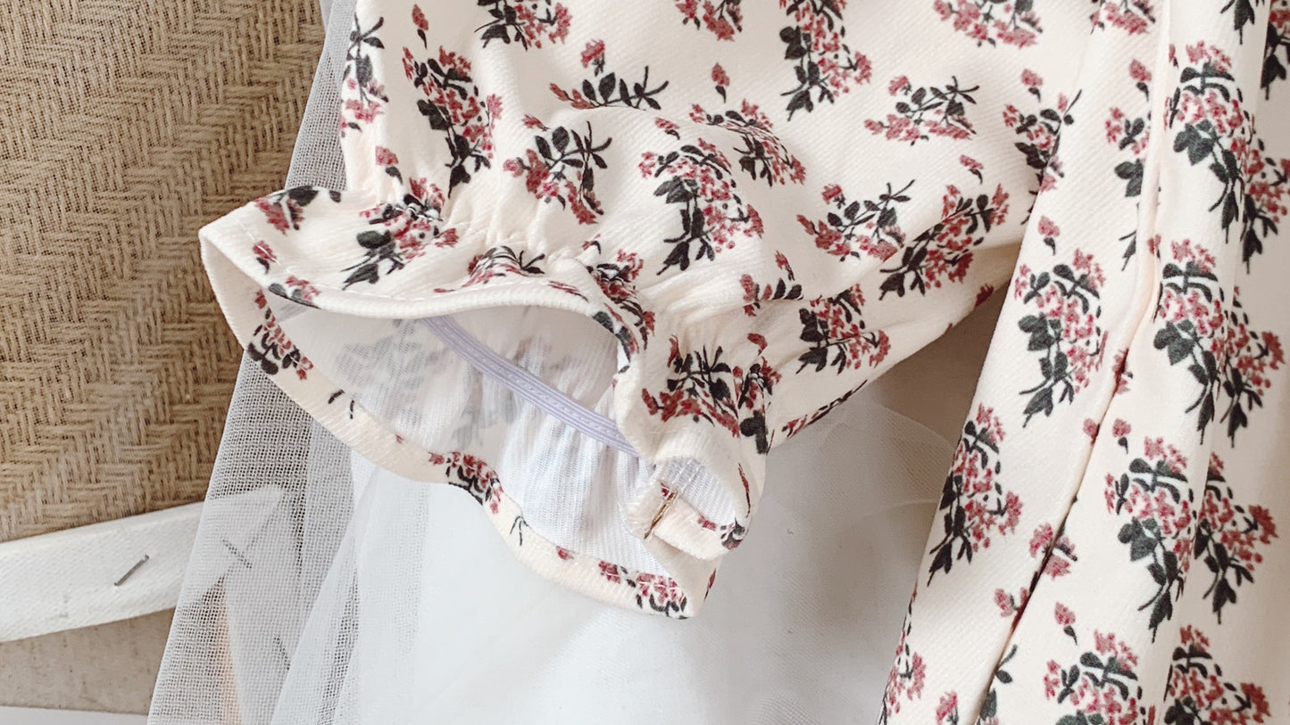 Girl's Floral Long-Sleeve Dress with Ruffle Trim